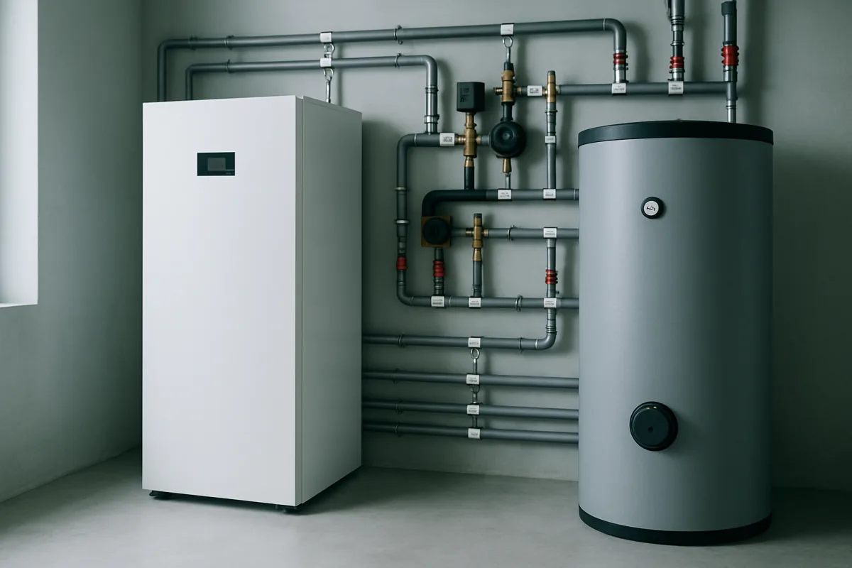 Neuer Heizraum mit Wärmepumpen-Inneneinheit und Pufferspeicher