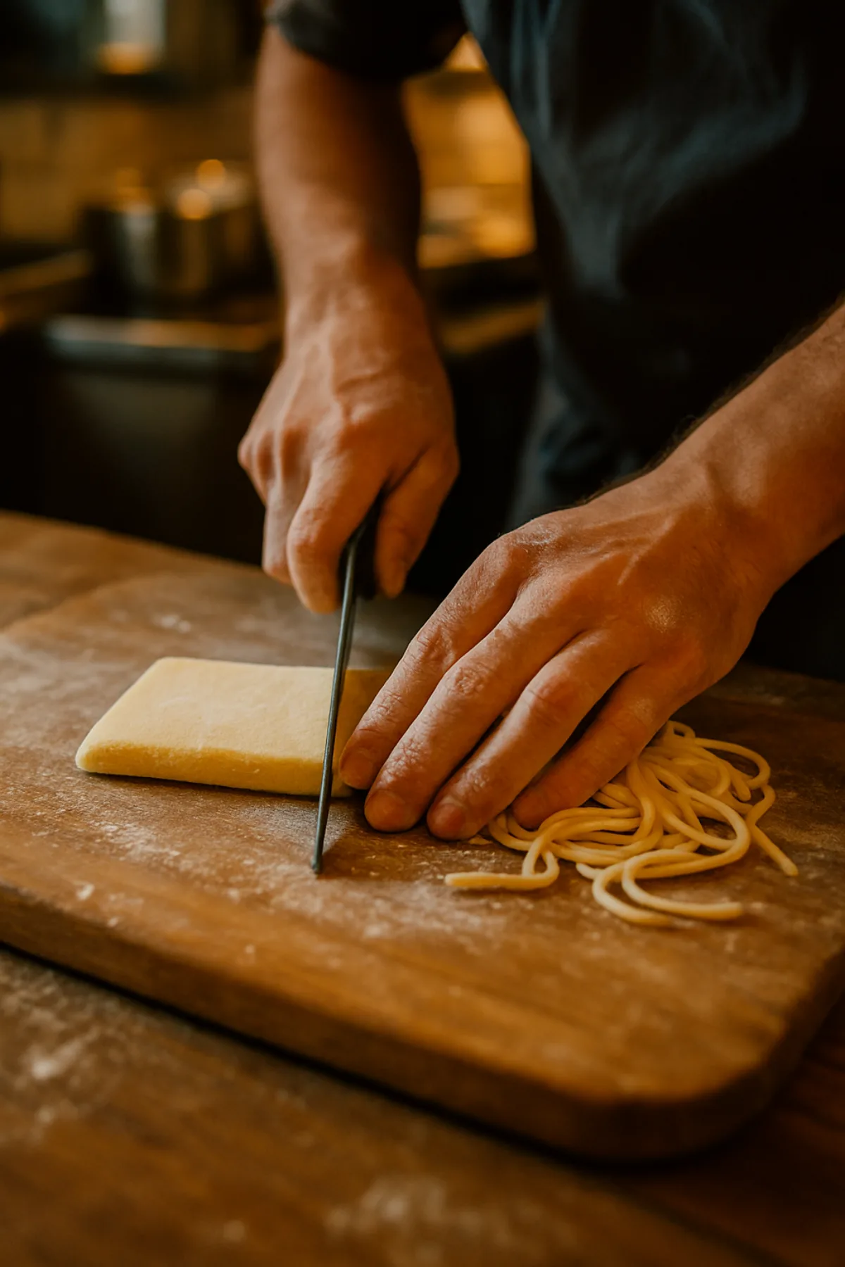 Frische Pasta wird von Hand geschnitten